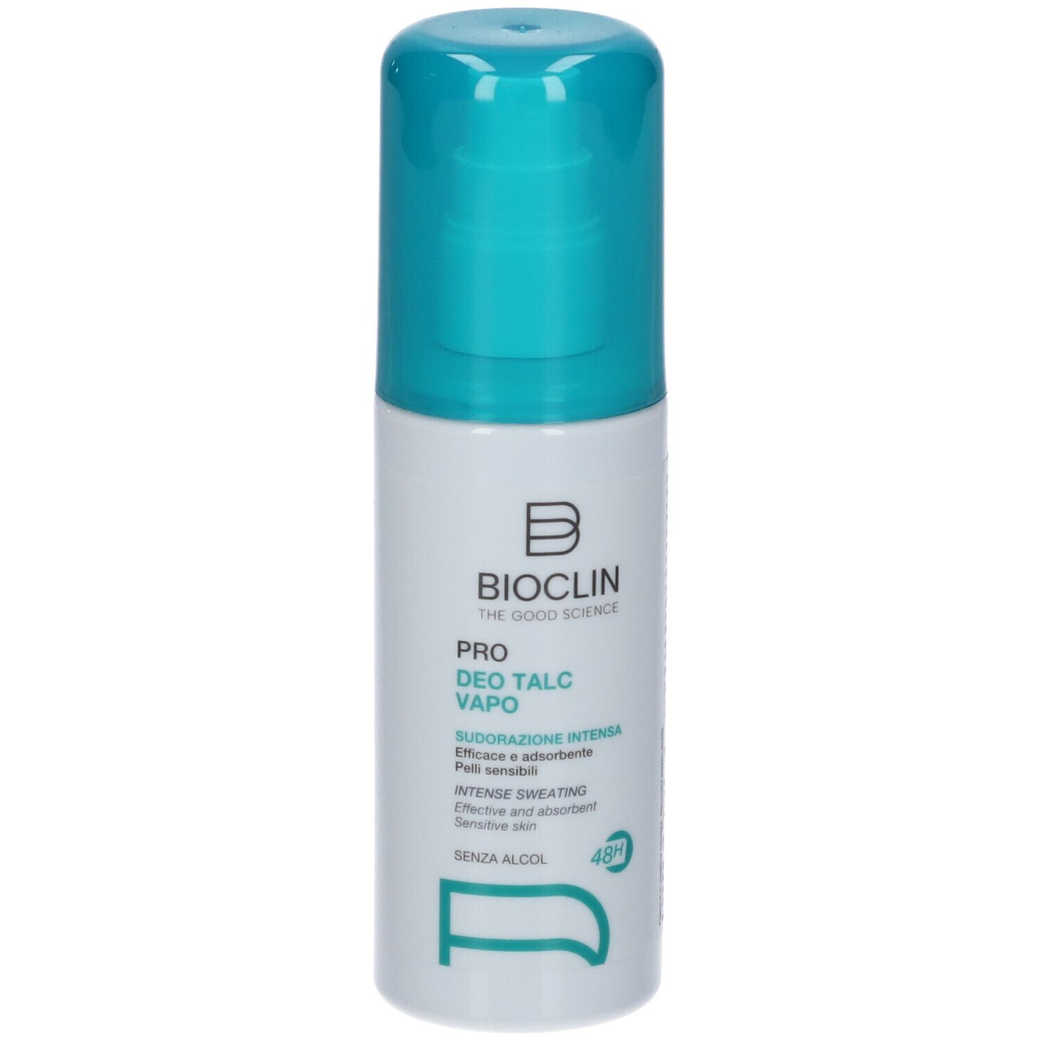 Flacone spray bianco e blu. Logo BIOCLIN e nome del prodotto PRO DEO TALC VAPO. Testo: Intense sweating, senza alcool, 48h.