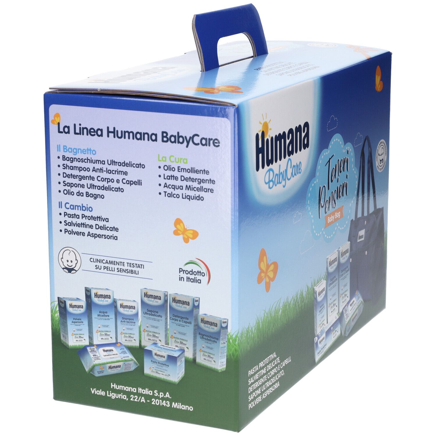 Scatola Humana BabyCare con prodotti. Include Bagno schiuma, Shampoo, Salviettine Delicate, Pasta Protettiva, Polvere Aspersoria.