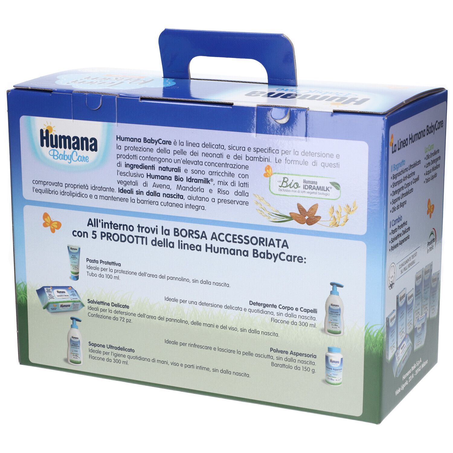 Retro scatola Humana BabyCare. Elenca ingredienti e prodotti Baby Bag. Include certificazione Bio.