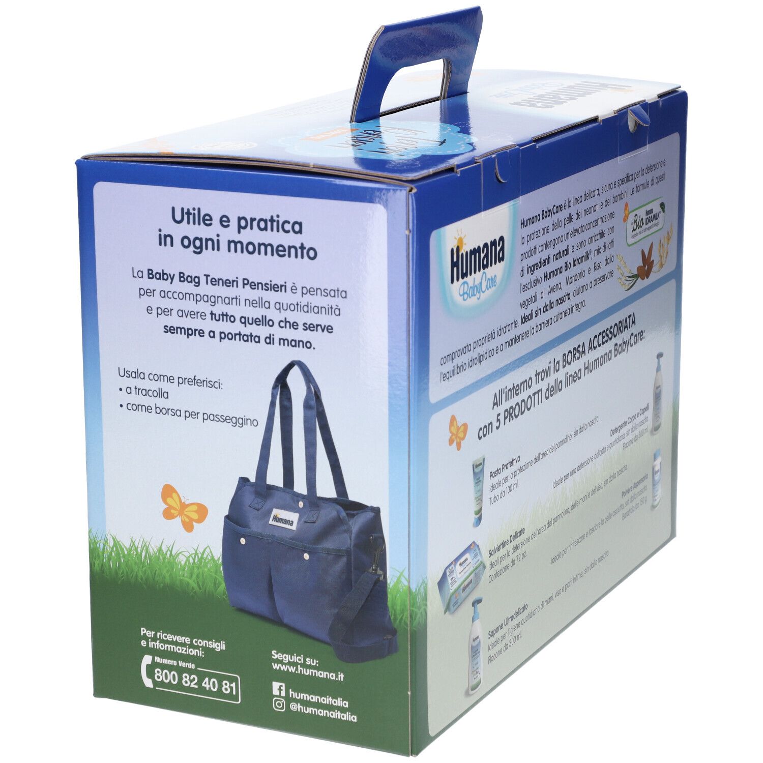 Scatola Humana Baby Bag. Mostra borsa e prodotti. Include informazioni sull'uso e contatti.