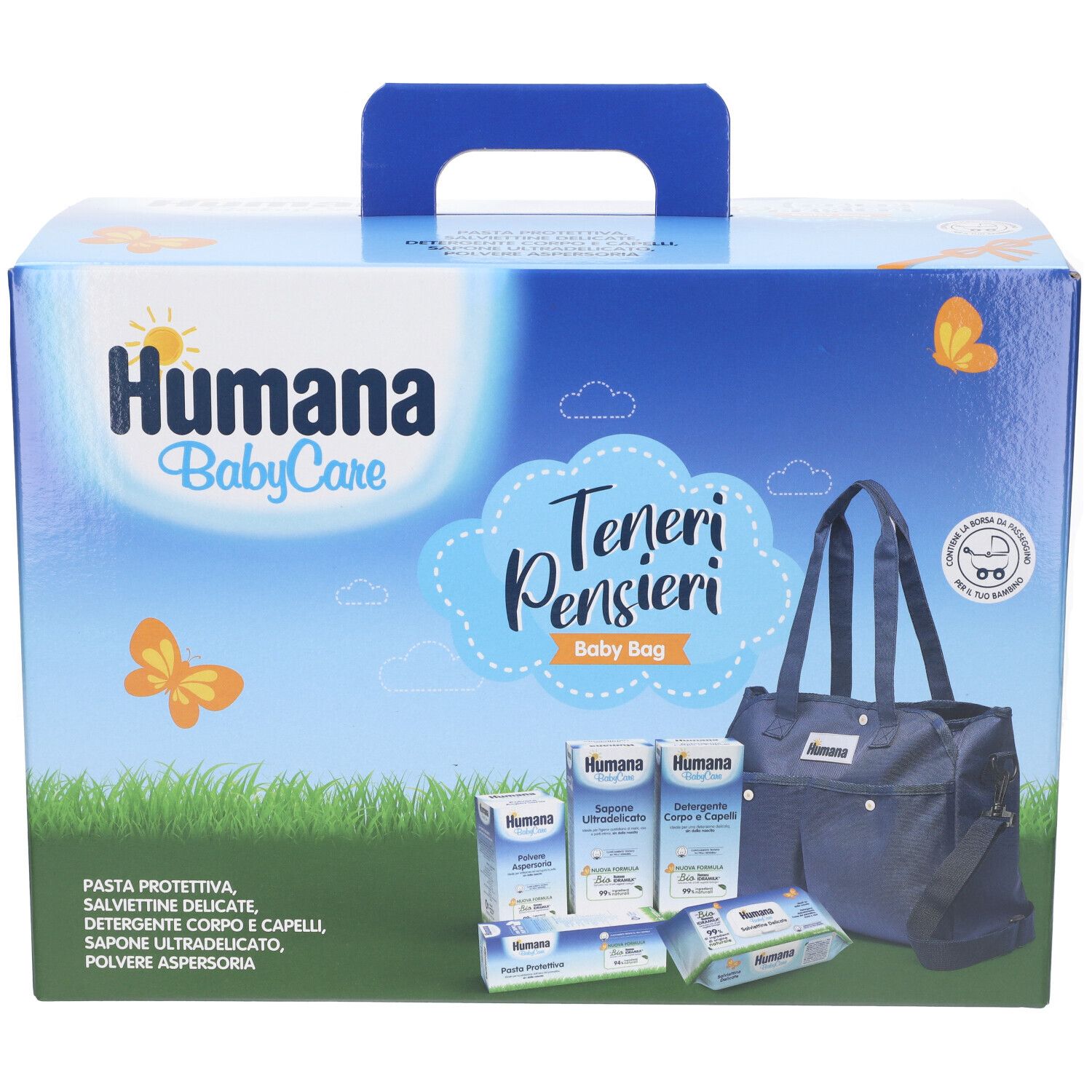 Humana BabyCare Teneri Pensieri Baby Bag. Include prodotti e borsa blu. Scatola con manico.