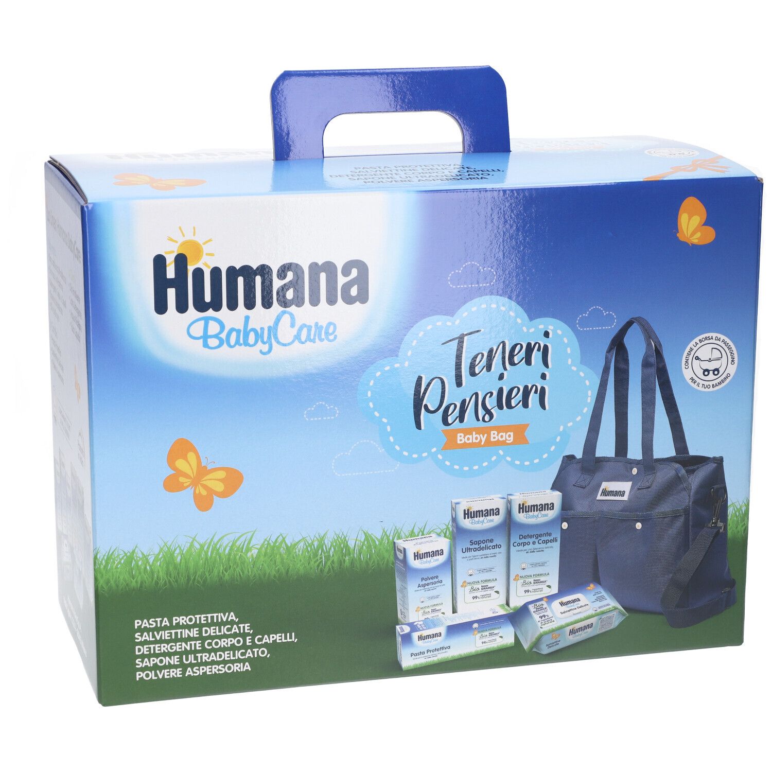 Humana BabyCare Teneri Pensieri Baby Bag. Include prodotti e borsa blu. Scatola con manico.