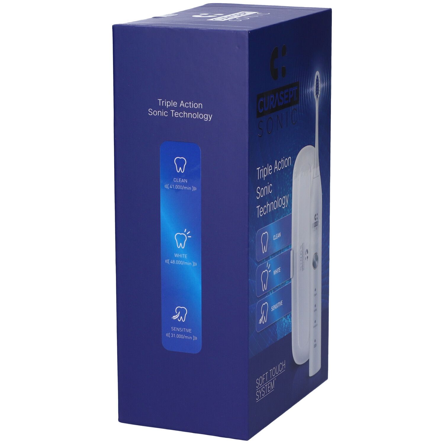 Confezione blu con testo e illustrazioni. Prodotto: Curasept Sonic. Testo: Triple Action Sonic Technology. Illustrazioni di denti.