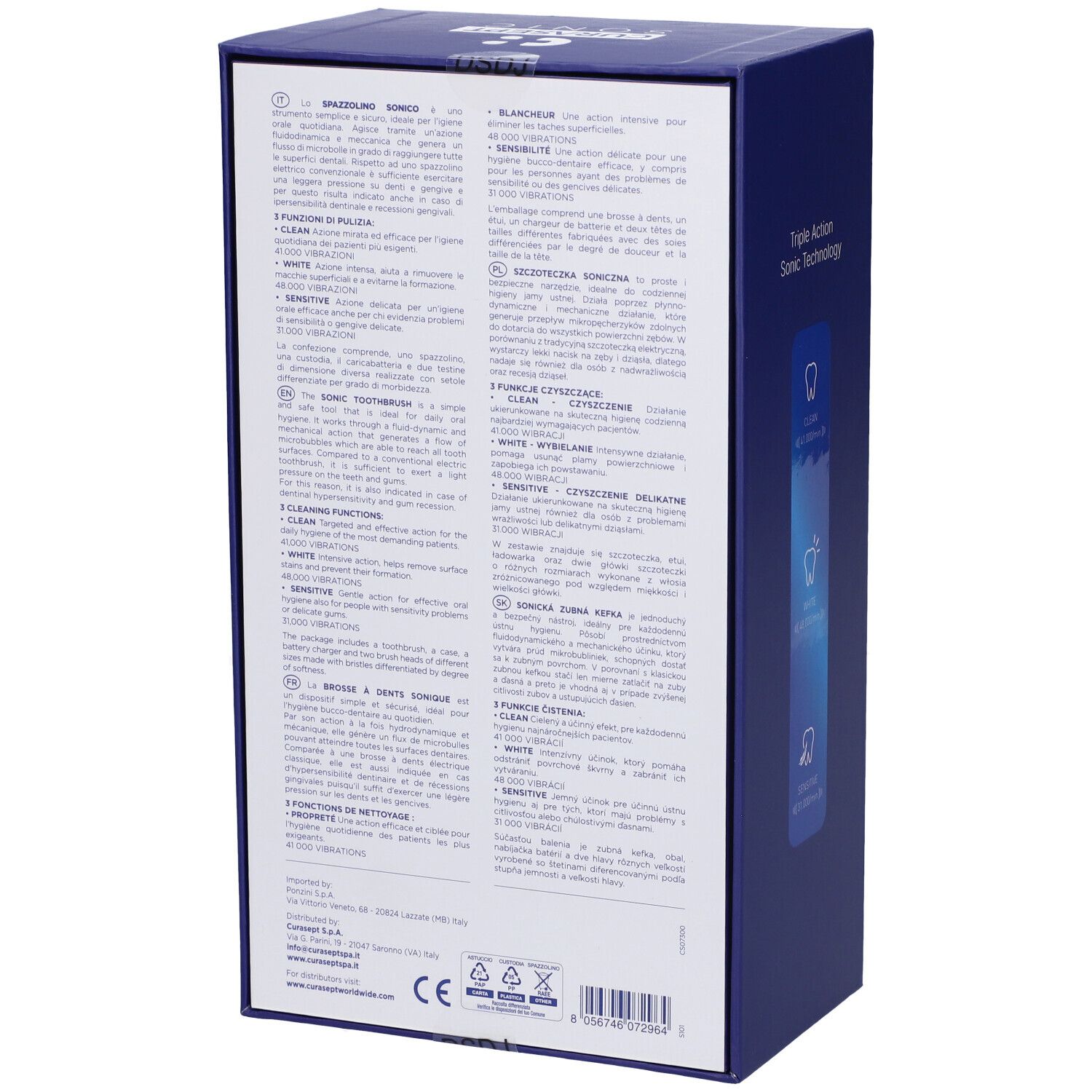 Retro della confezione blu. Testo in più lingue. Informazioni sul prodotto e loghi. Marchio CE e simboli di riciclaggio.