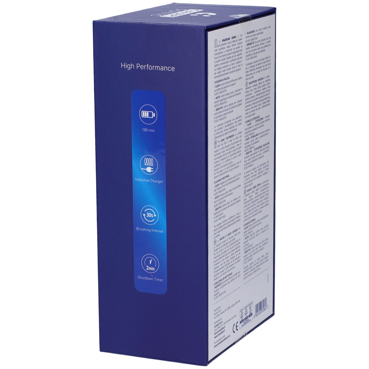 Confezione blu con testo e illustrazioni. Prodotto: Curasept Sonic. Illustrazioni di batteria, caricatore, timer e spegnimento.