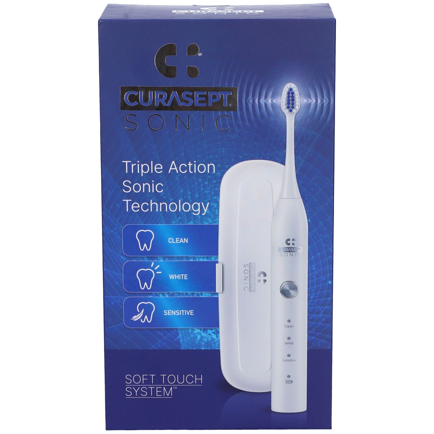 Spazzolino elettrico e stazione di ricarica nella confezione. Marchio Curasept Sonic. Confezione blu con immagine e testo.
