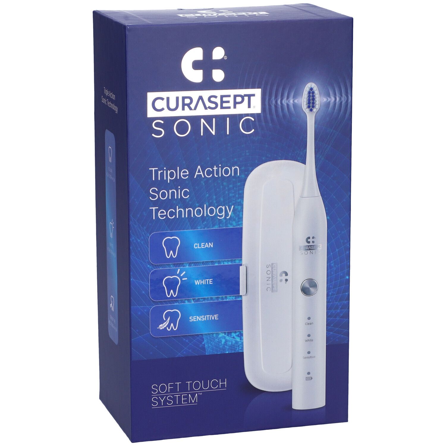 Spazzolino elettrico e stazione di ricarica nella confezione. Marchio Curasept Sonic. Confezione blu con immagine e testo.