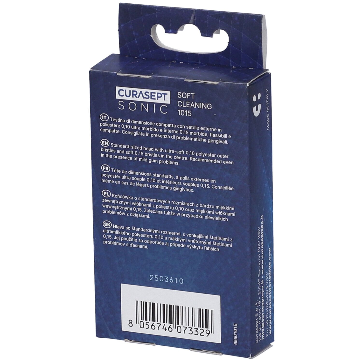 Retro della confezione Curasept Sonic Soft Clean 1015. Testo multilingue. Codice a barre e numero del prodotto.