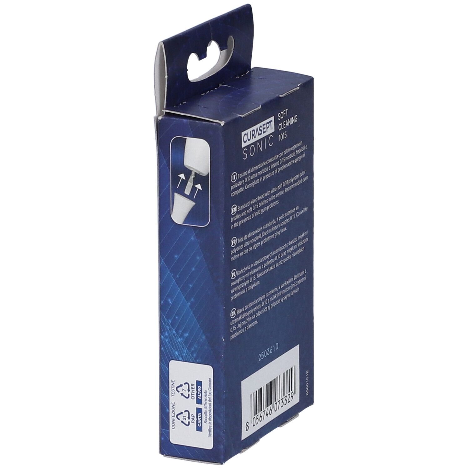 Vista laterale della confezione Curasept Sonic Soft Clean 1015. Informazioni sul prodotto e simboli di riciclaggio.