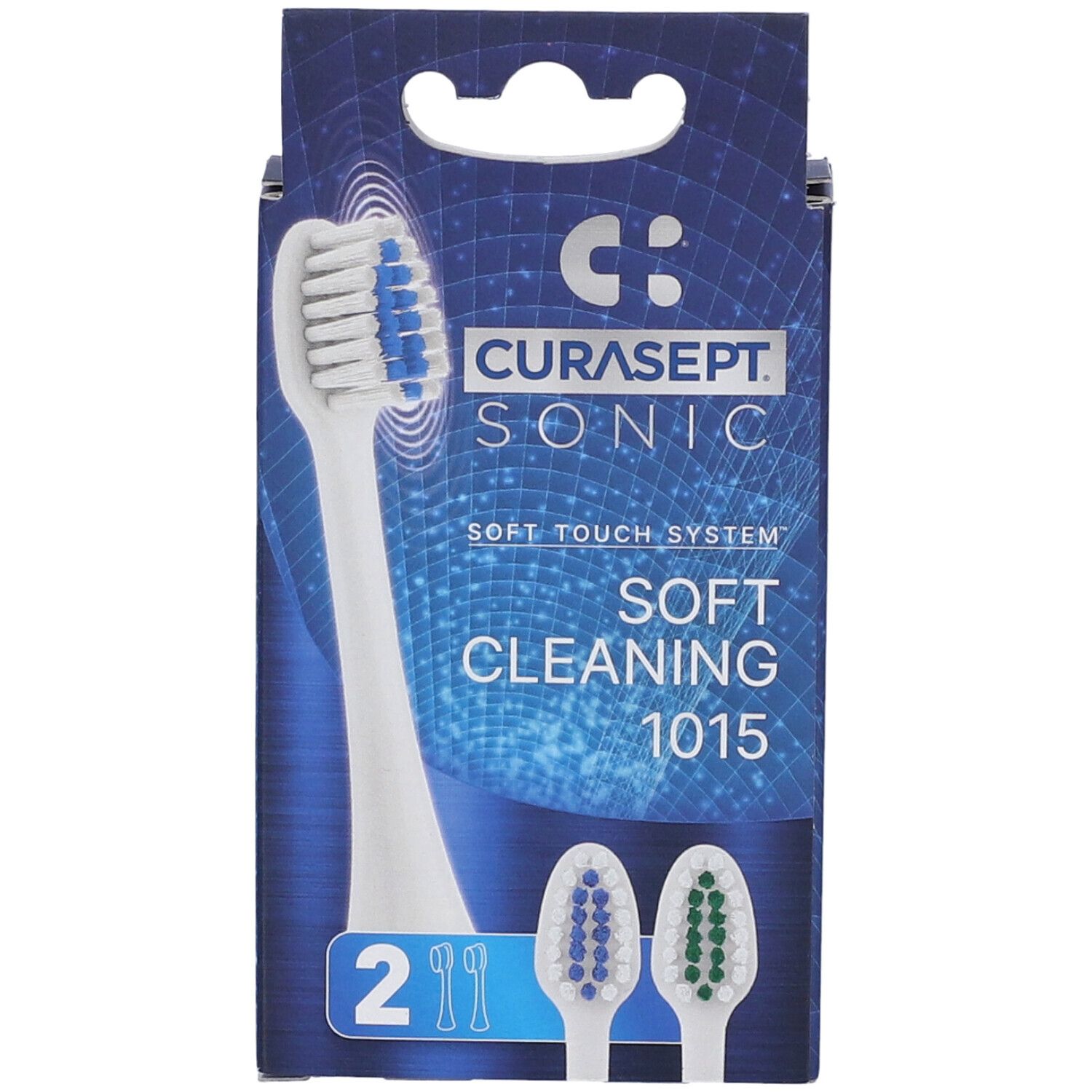 Fronte della confezione Curasept Sonic Soft Clean 1015. Nome del prodotto, due testine illustrate e il numero '2'.