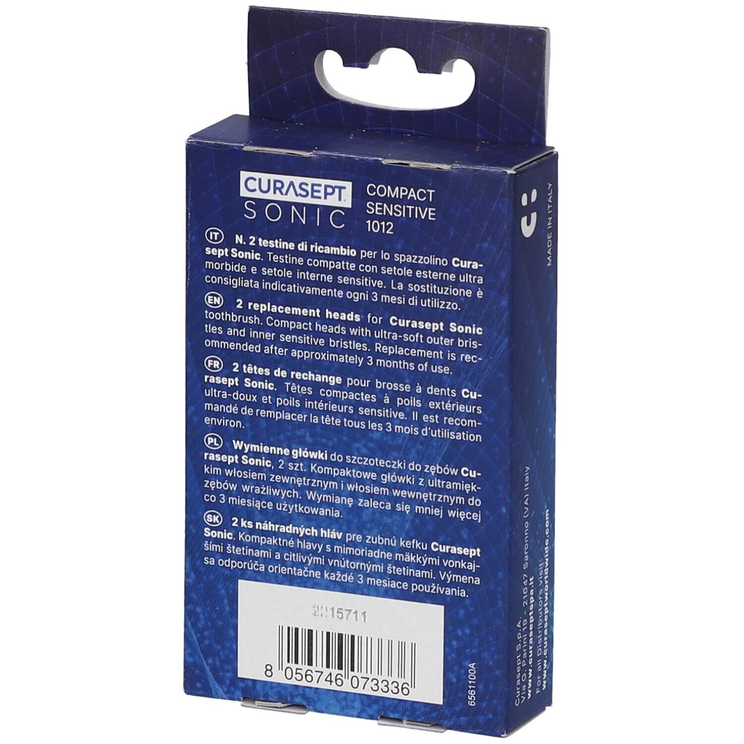 Retro della confezione CURASEPT SONIC COMPACT SENSITIVE 1012. Testo multilingue. Codice a barre e informazioni sul prodotto.