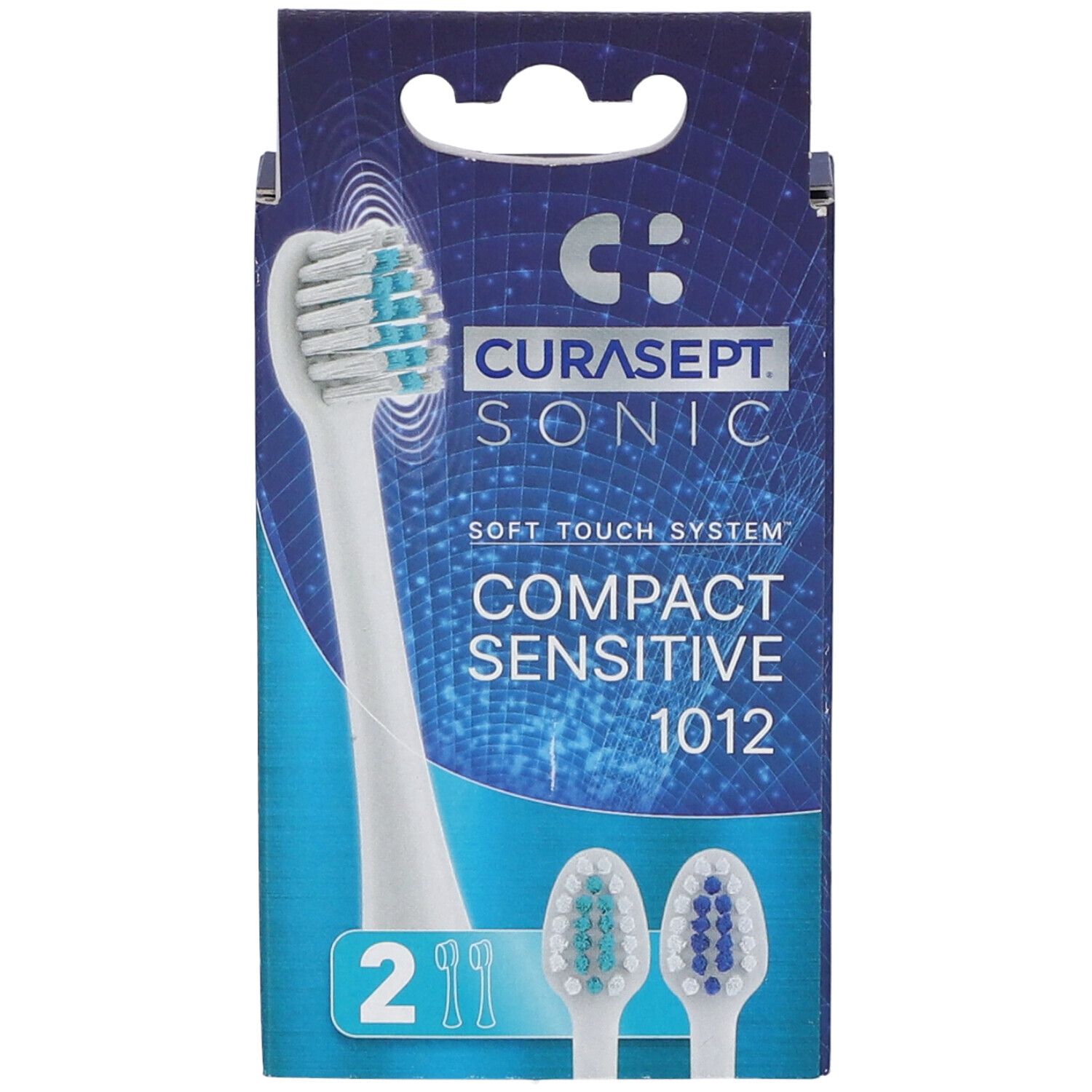 Confezione CURASEPT SONIC COMPACT SENSITIVE 1012. Due testine di ricambio raffigurate. Nome e logo del prodotto ben visibili.
