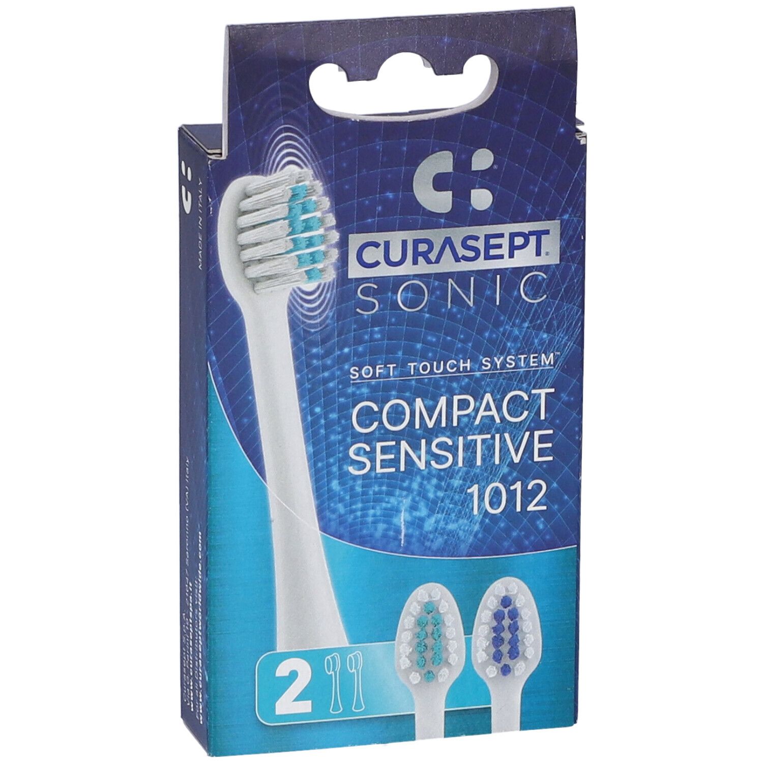 Confezione CURASEPT SONIC COMPACT SENSITIVE 1012. Due testine di ricambio raffigurate. Nome e logo del prodotto ben visibili.