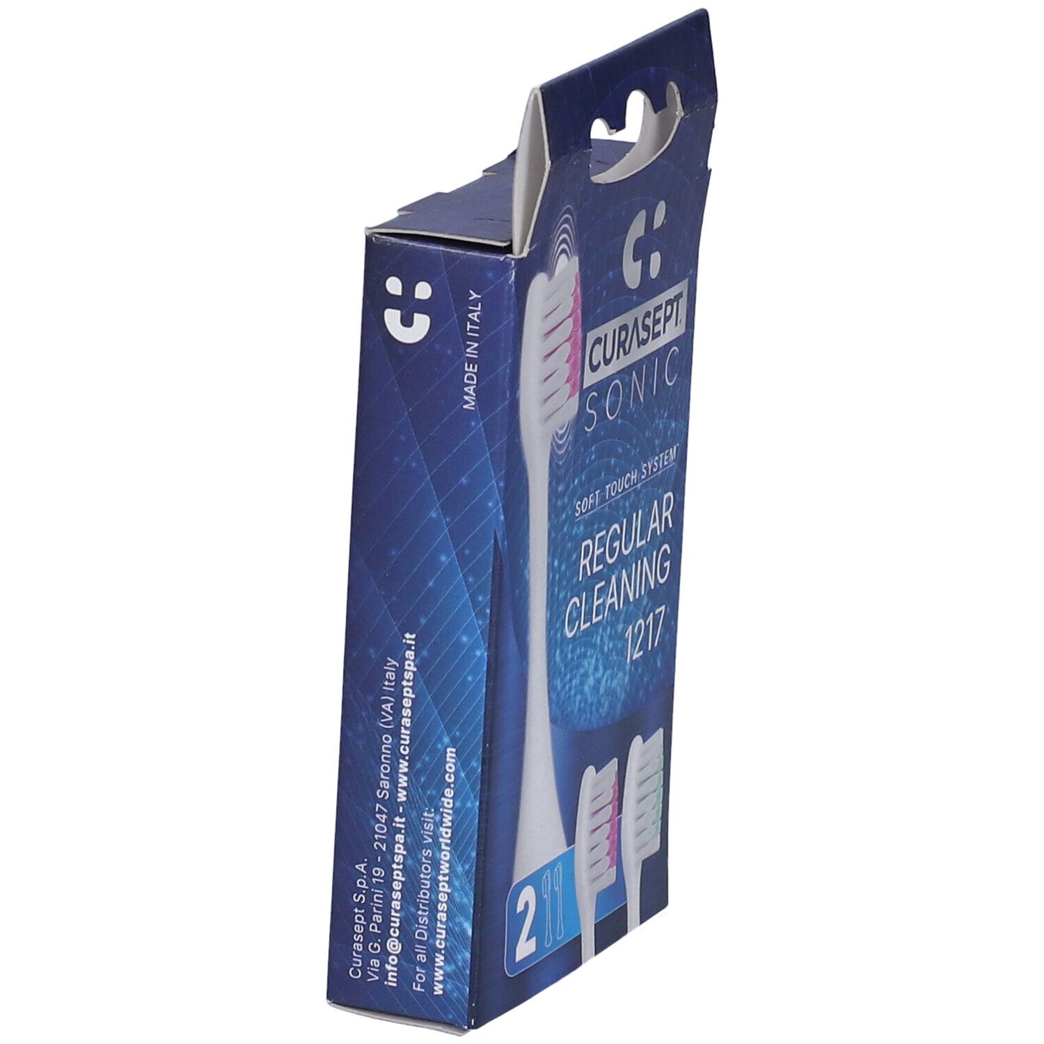 Vista laterale della confezione. CURASEPT SONIC Regular Cleaning 1217. Prodotto in Italia. Confezione blu.