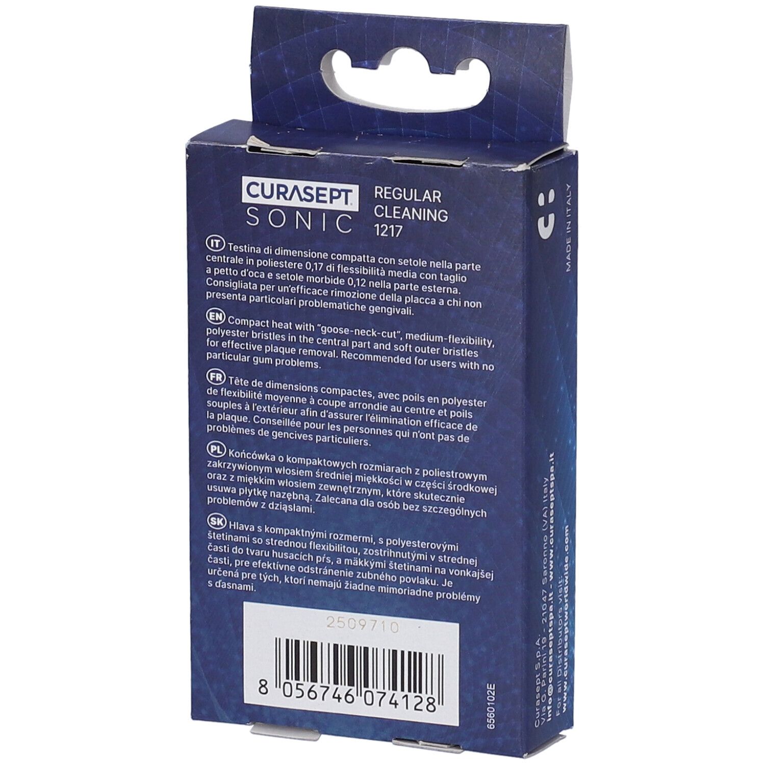 Retro della confezione. CURASEPT SONIC Regular Cleaning 1217. Testo multilingue. Confezione blu.