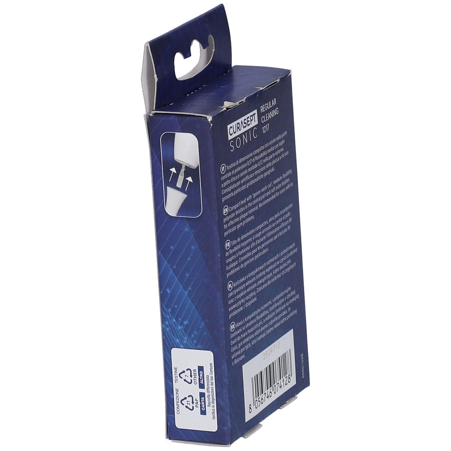 Vista laterale della confezione. CURASEPT SONIC Regular Cleaning 1217. Pittogrammi. Confezione blu.