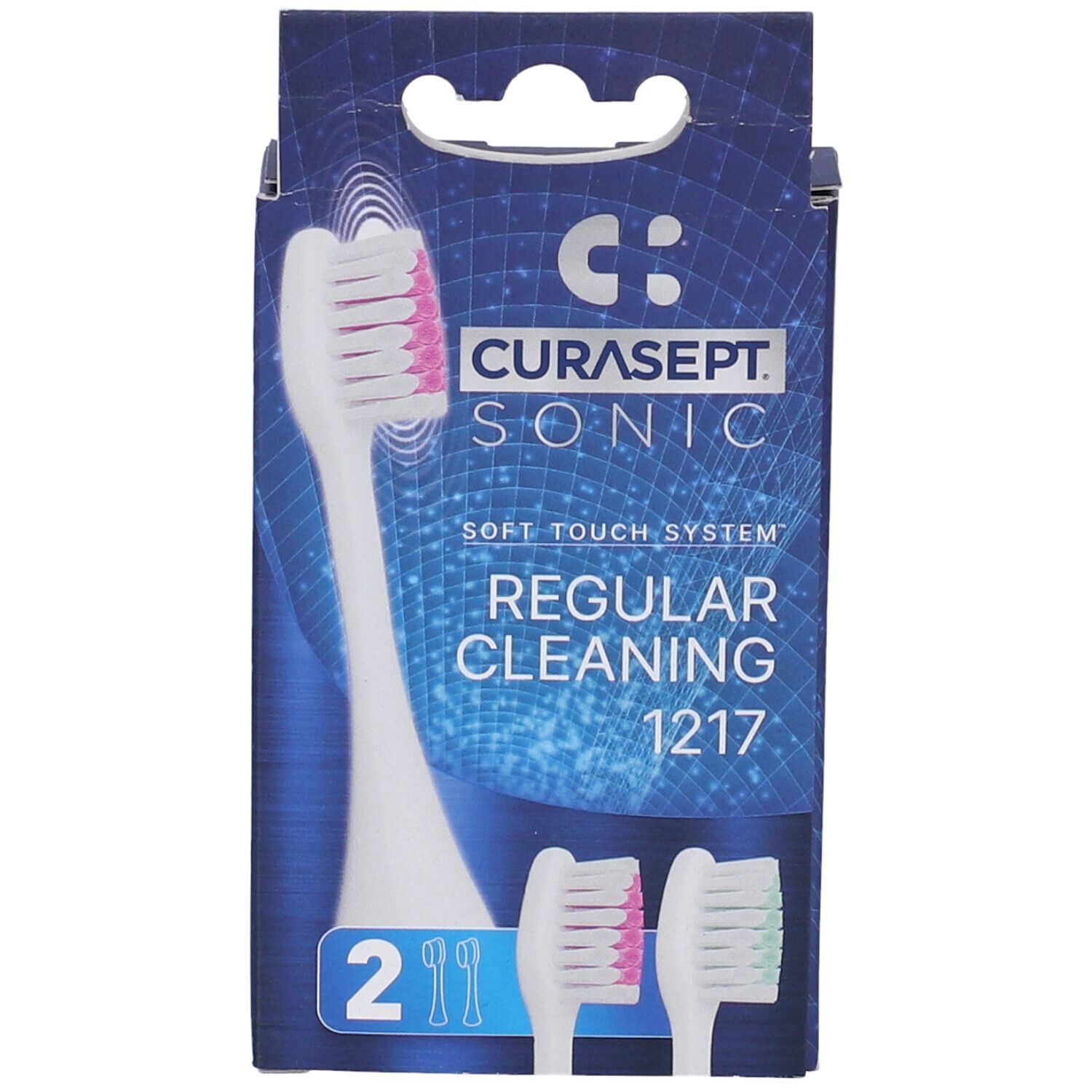 Confezione di due testine CURASEPT SONIC Regular Cleaning 1217. Testine bianche con setole rosa e verdi.