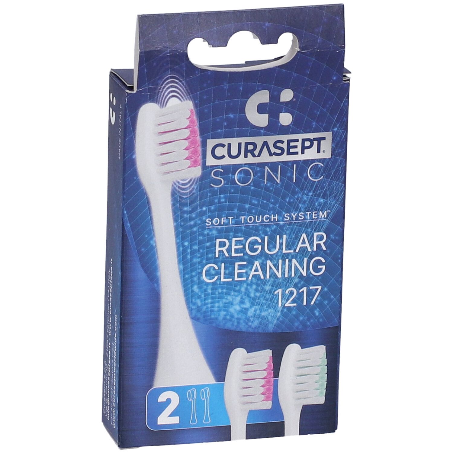 Confezione di due testine CURASEPT SONIC Regular Cleaning 1217. Testine bianche con setole rosa e verdi.