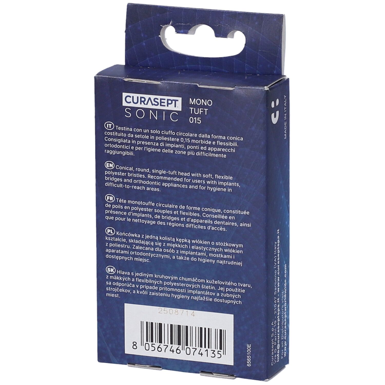 Retro della confezione CURASEPT SONIC MONO TUFT 015. Testo multilingue. Contiene informazioni sul prodotto.
