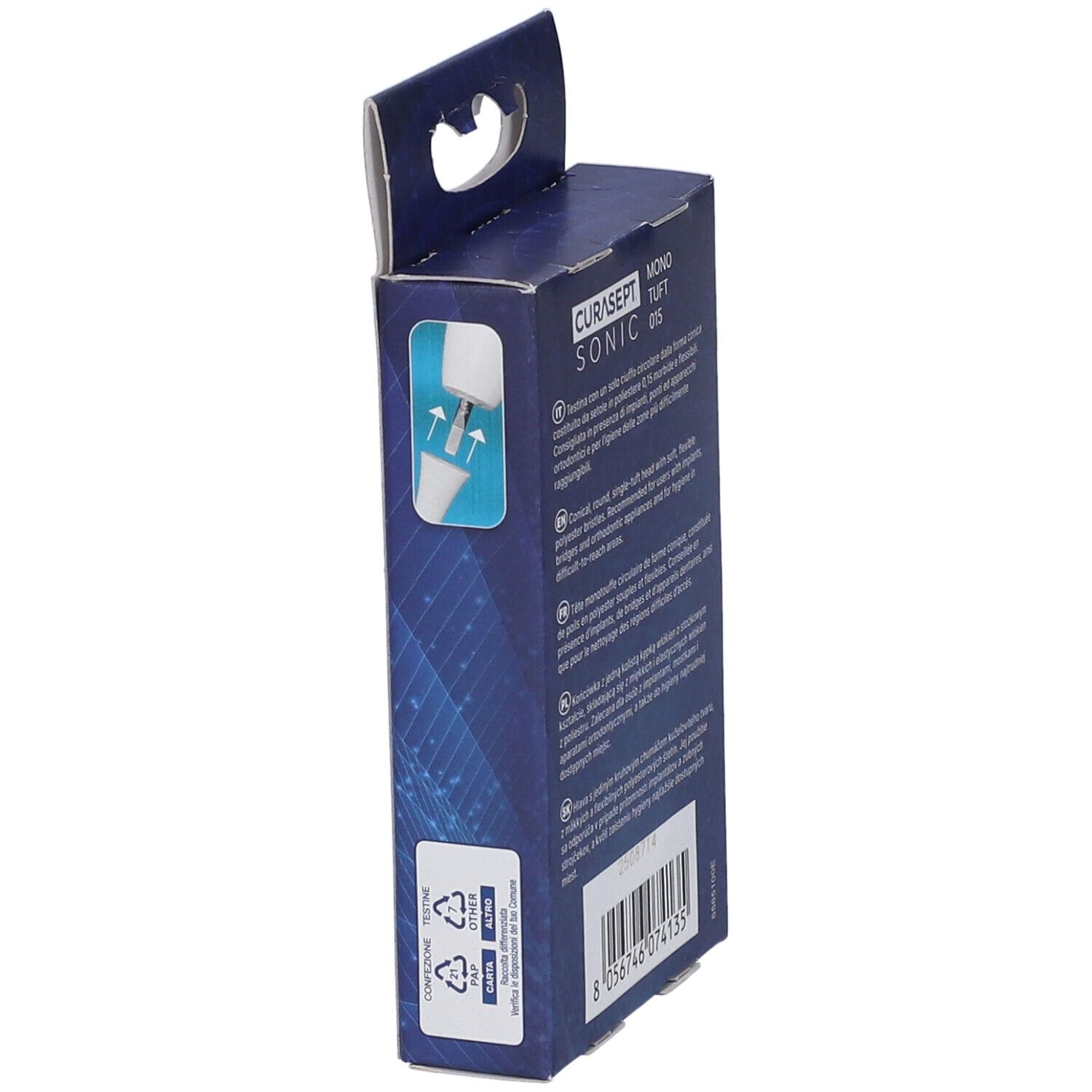 Vista laterale della confezione CURASEPT SONIC MONO TUFT 015. Confezione blu con logo e testo. Istruzioni per il riciclaggio.