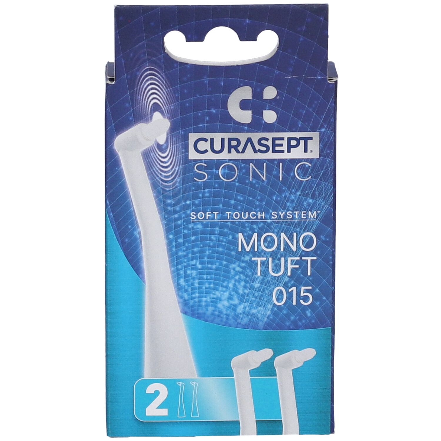 Confezione CURASEPT SONIC MONO TUFT 015. Contiene due testine. Confezione blu con logo e testo del prodotto.