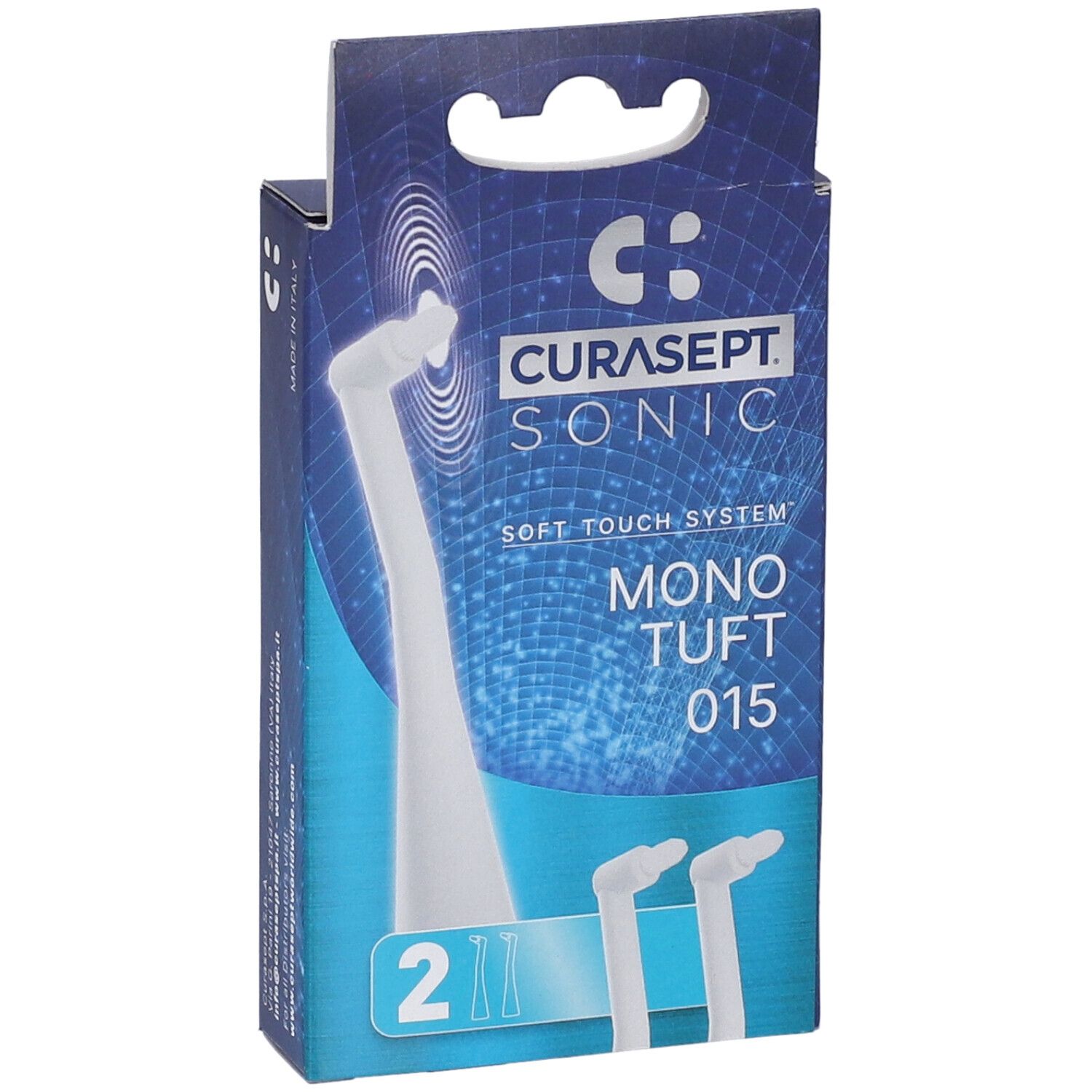 Confezione CURASEPT SONIC MONO TUFT 015. Contiene due testine. Confezione blu con logo e testo del prodotto.
