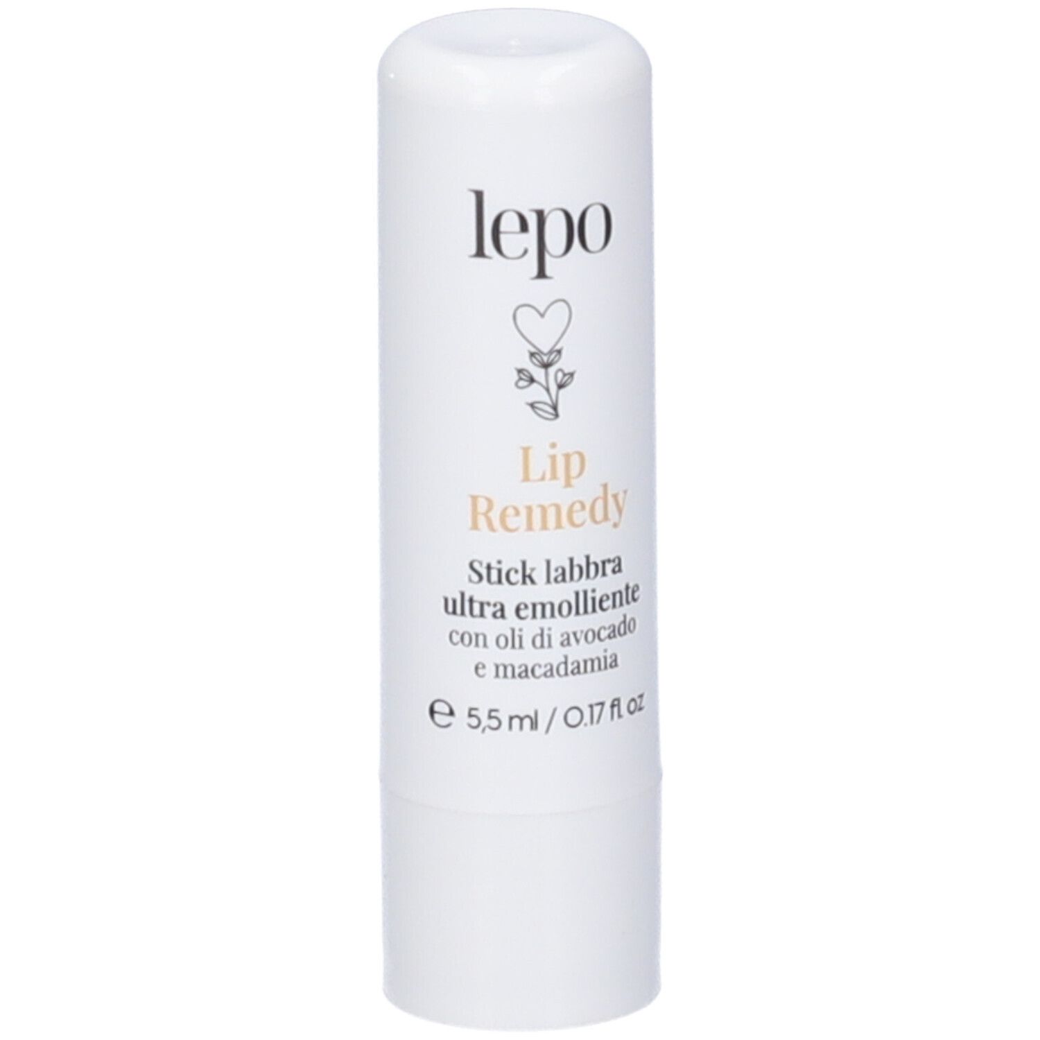 Stick labbra bianco con scritta: LEPO, Lip Remedy. Contiene oli di avocado e macadamia.