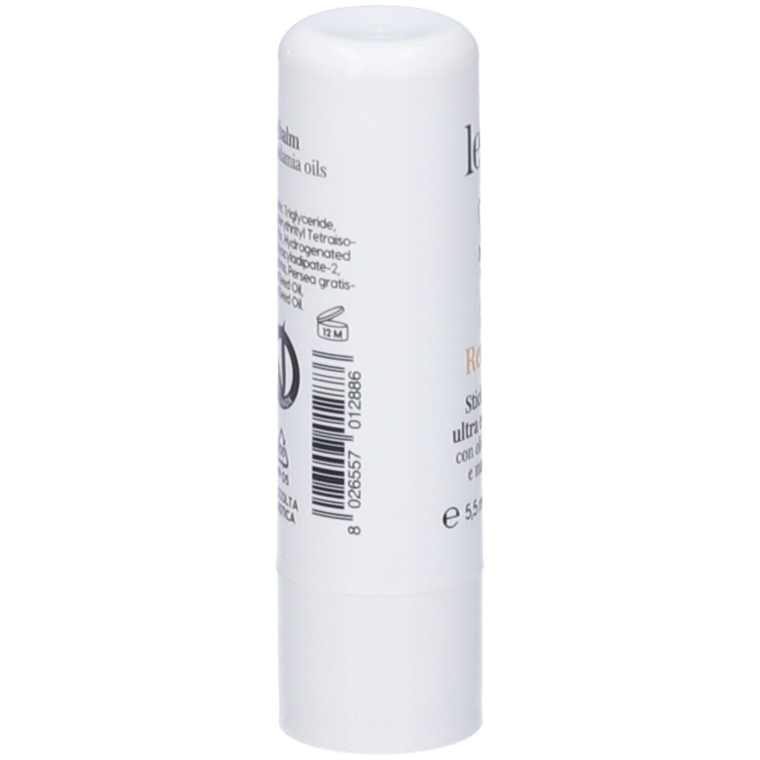Stick labbra bianco. Retro con ingredienti, codice a barre e logo vegano.