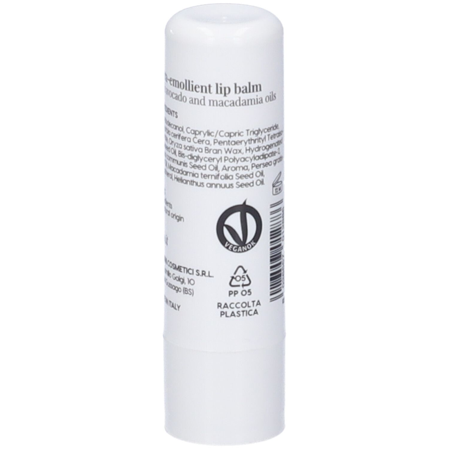 Stick labbra bianco. Retro con ingredienti, logo vegano e indicazione di riciclo.
