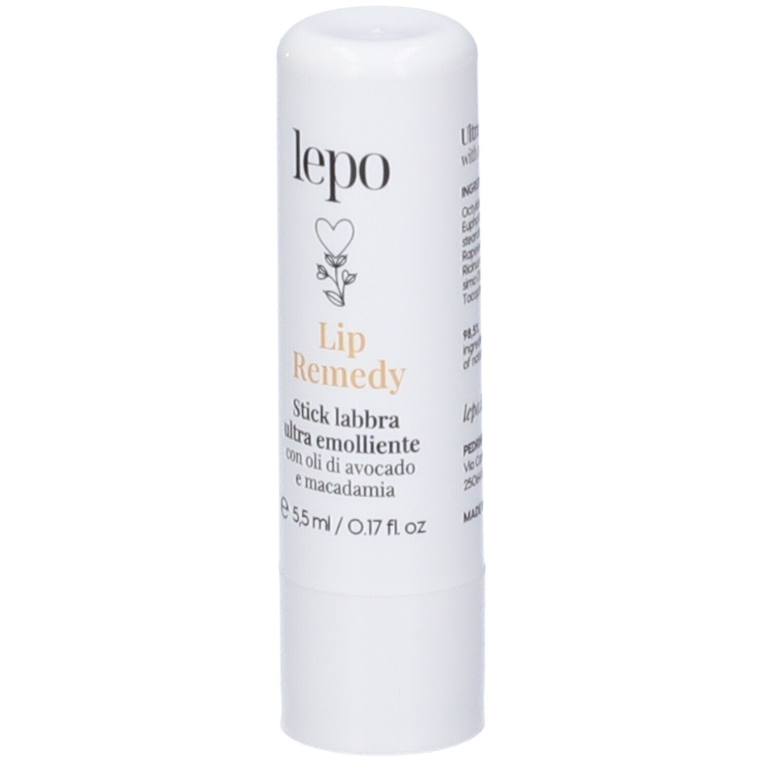 Stick labbra bianco con scritta: LEPO, Lip Remedy. Contiene oli di avocado e macadamia.