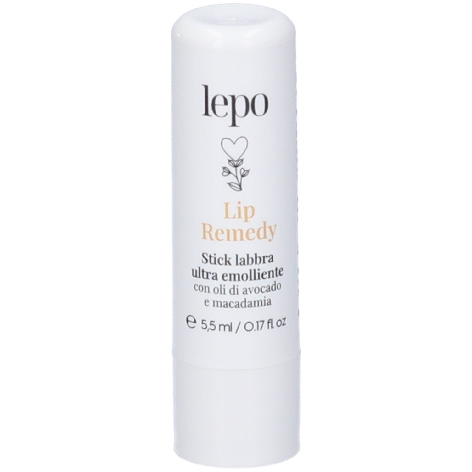 Stick labbra bianco con scritta: LEPO, Lip Remedy. Contiene oli di avocado e macadamia.