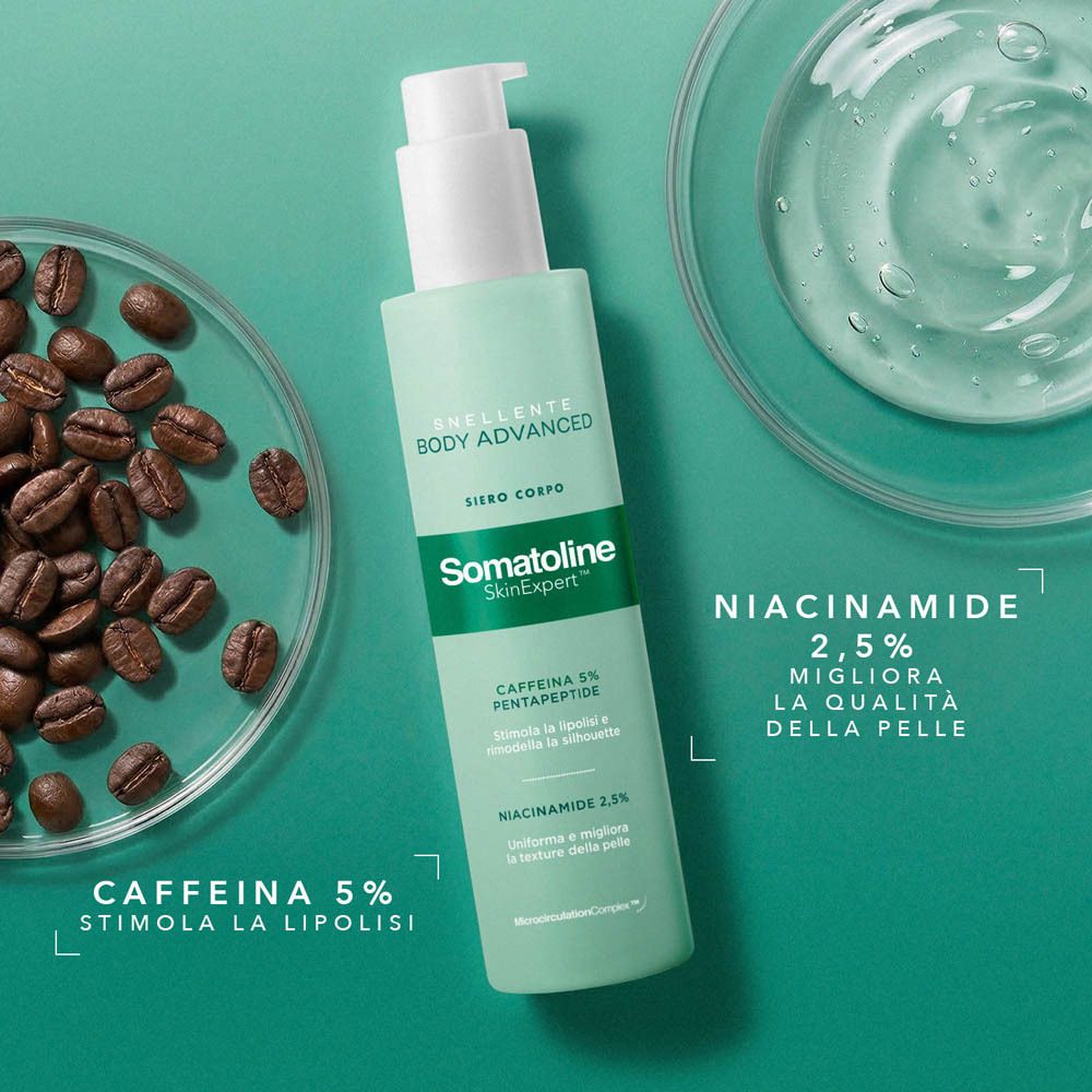 Flacone con erogatore, caffè, gel e testo. Somatoline SkinExpert Body Advanced Siero Corpo.