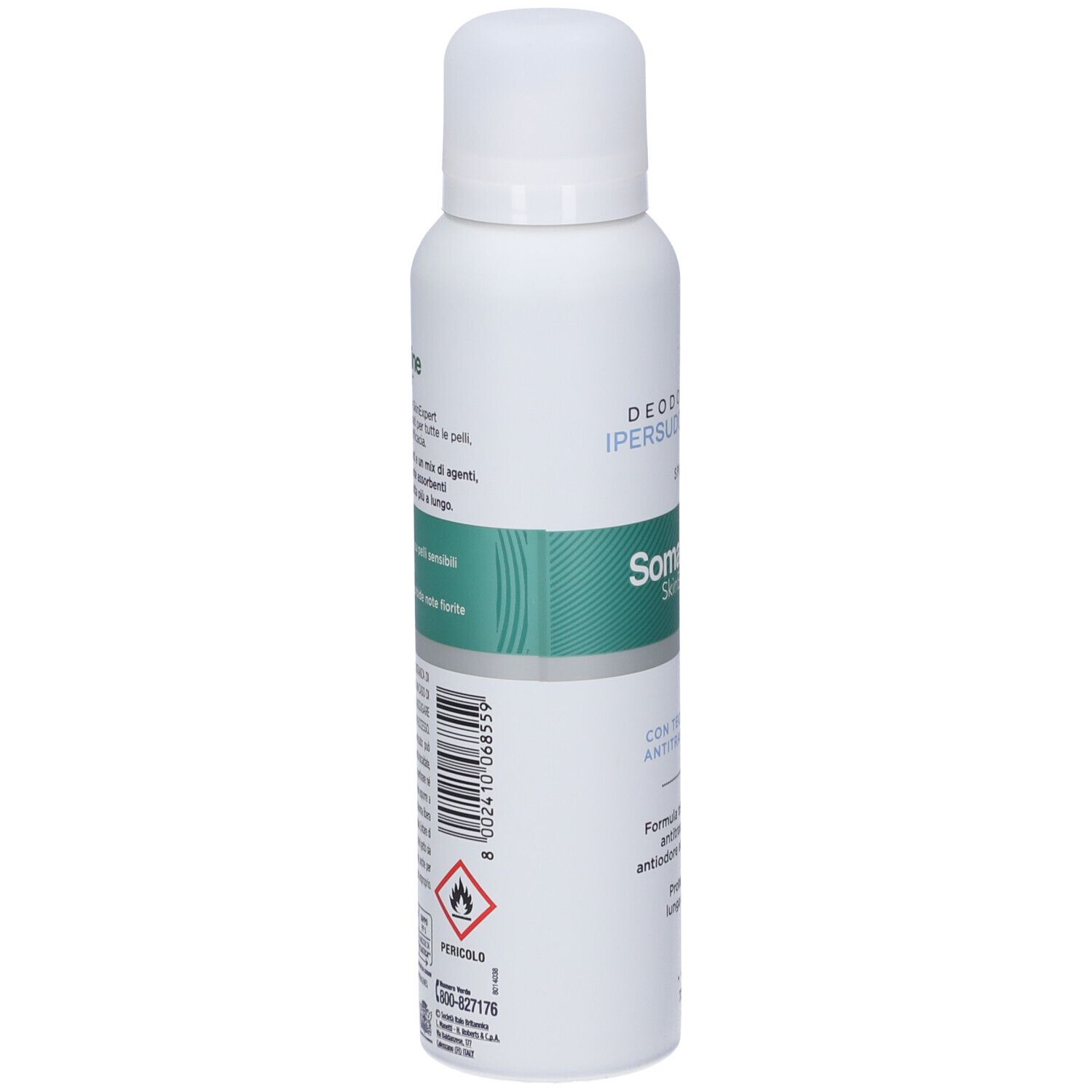 Retro dello spray deodorante Somatoline SkinExpert con codice a barre e simboli di avvertenza.