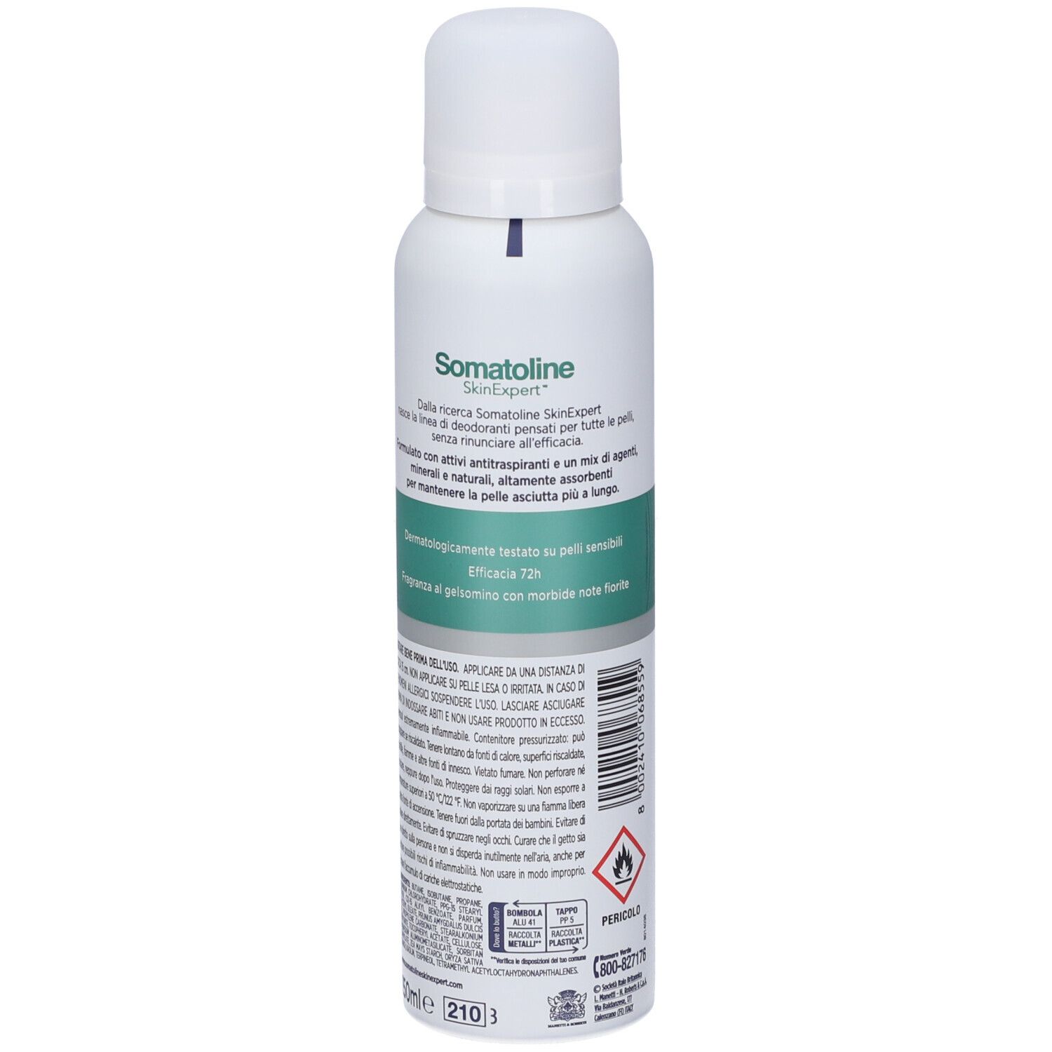 Retro dello spray deodorante Somatoline SkinExpert con informazioni sul prodotto e indicazione 150ml.