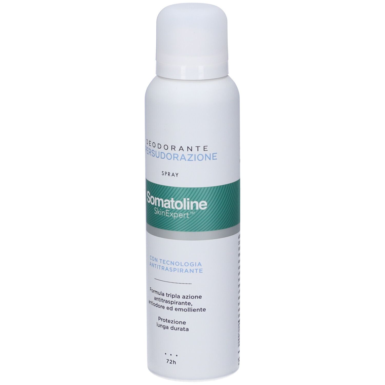 Spray Deodorante Somatoline SkinExpert: flacone bianco con accenti verdi, protezione 72h.