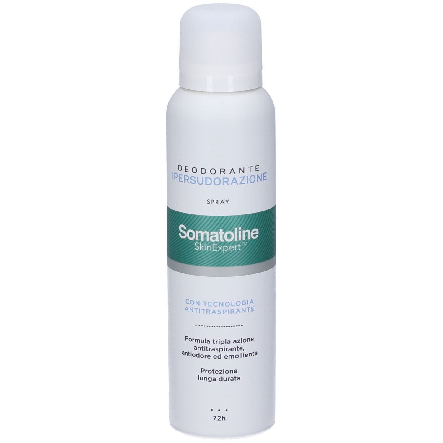 Spray Deodorante Somatoline SkinExpert: flacone bianco con accenti verdi, protezione 72h.