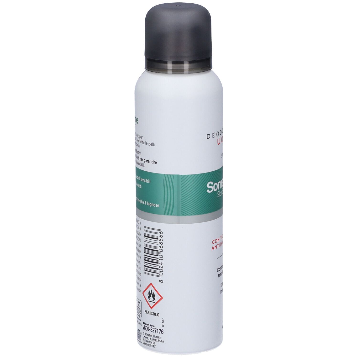 Retro della bomboletta Somatoline SkinExpert Deodorante Uomo Spray. Contiene codice a barre, simboli di avvertenza e informazioni sul prodotto.
