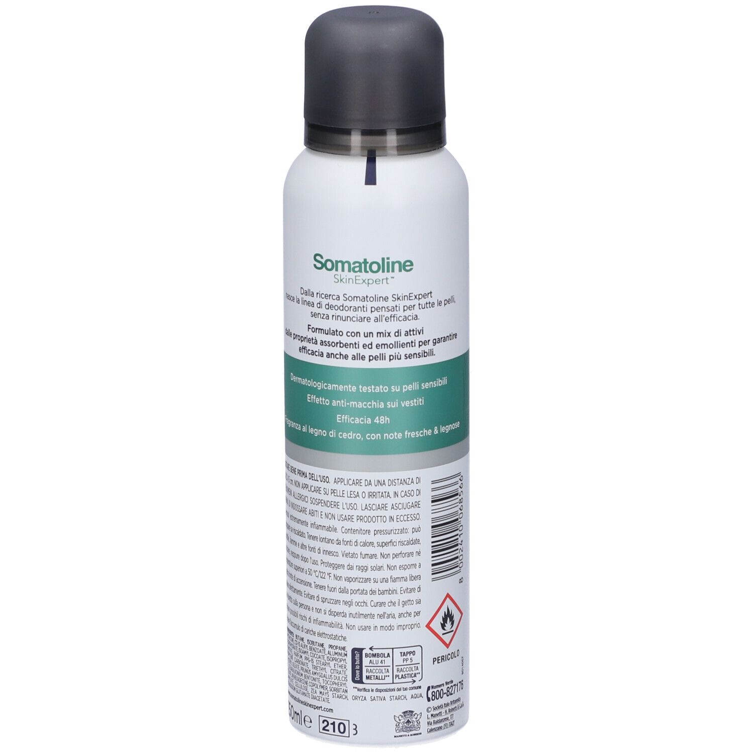 Retro della bomboletta Somatoline SkinExpert Deodorante Uomo Spray. Contiene informazioni dettagliate sul prodotto e istruzioni per l'uso.