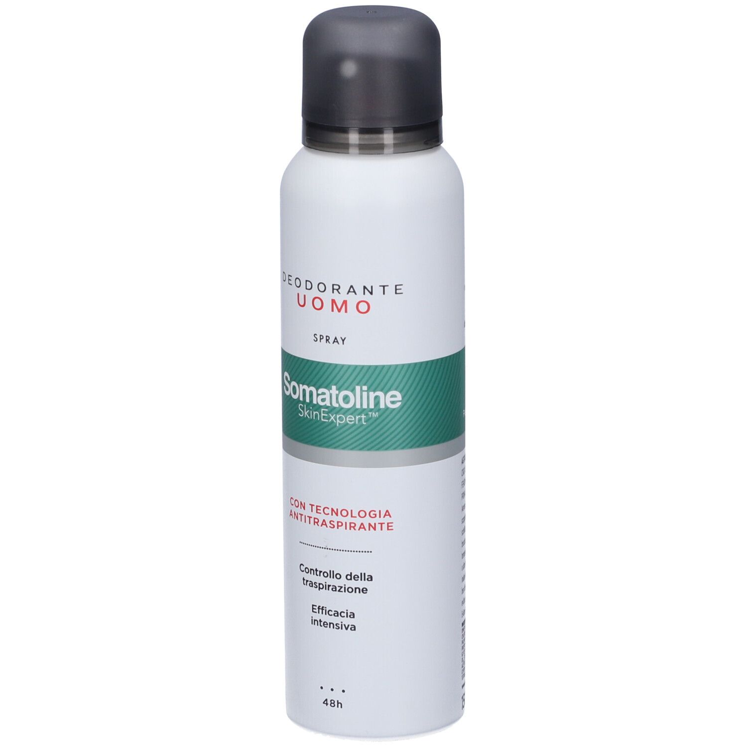 Somatoline SkinExpert Deodorante Uomo Spray: bomboletta bianca con tappo spray grigio. Testo: Deodorante Uomo, Spray, SkinExpert, Tecnologia Antitraspirante.