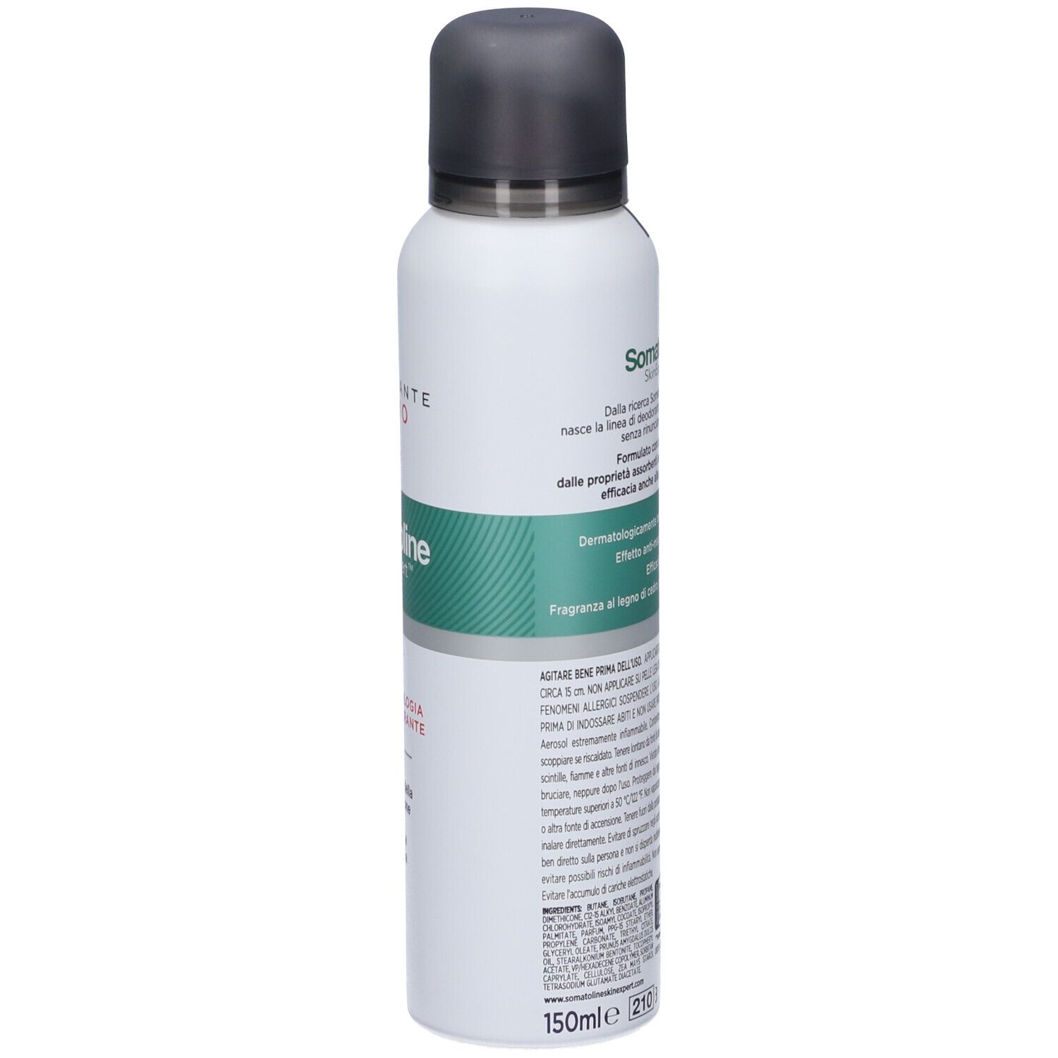Retro della bomboletta Somatoline SkinExpert Deodorante Uomo Spray. Contiene informazioni sul prodotto, ingredienti e istruzioni per l'uso.