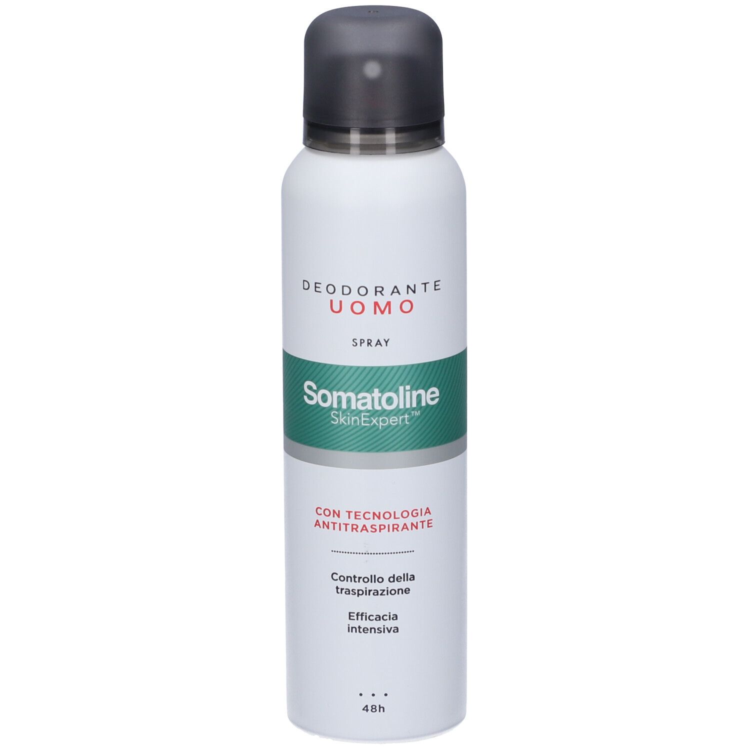 Somatoline SkinExpert Deodorante Uomo Spray: bomboletta bianca con tappo spray grigio. Testo: Deodorante Uomo, Spray, SkinExpert, Tecnologia Antitraspirante.