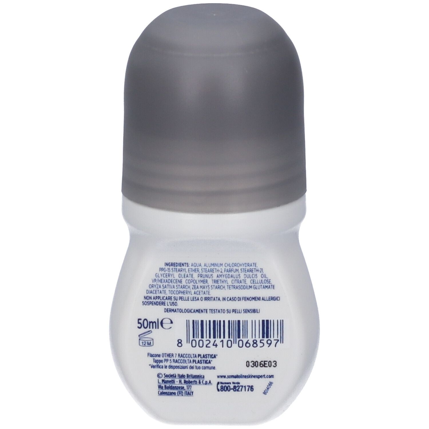 Retro Somatoline SkinExpert Deodorante Uomo Roll-On: flacone bianco con tappo grigio, indicazione 50ml, codice a barre e ingredienti.
