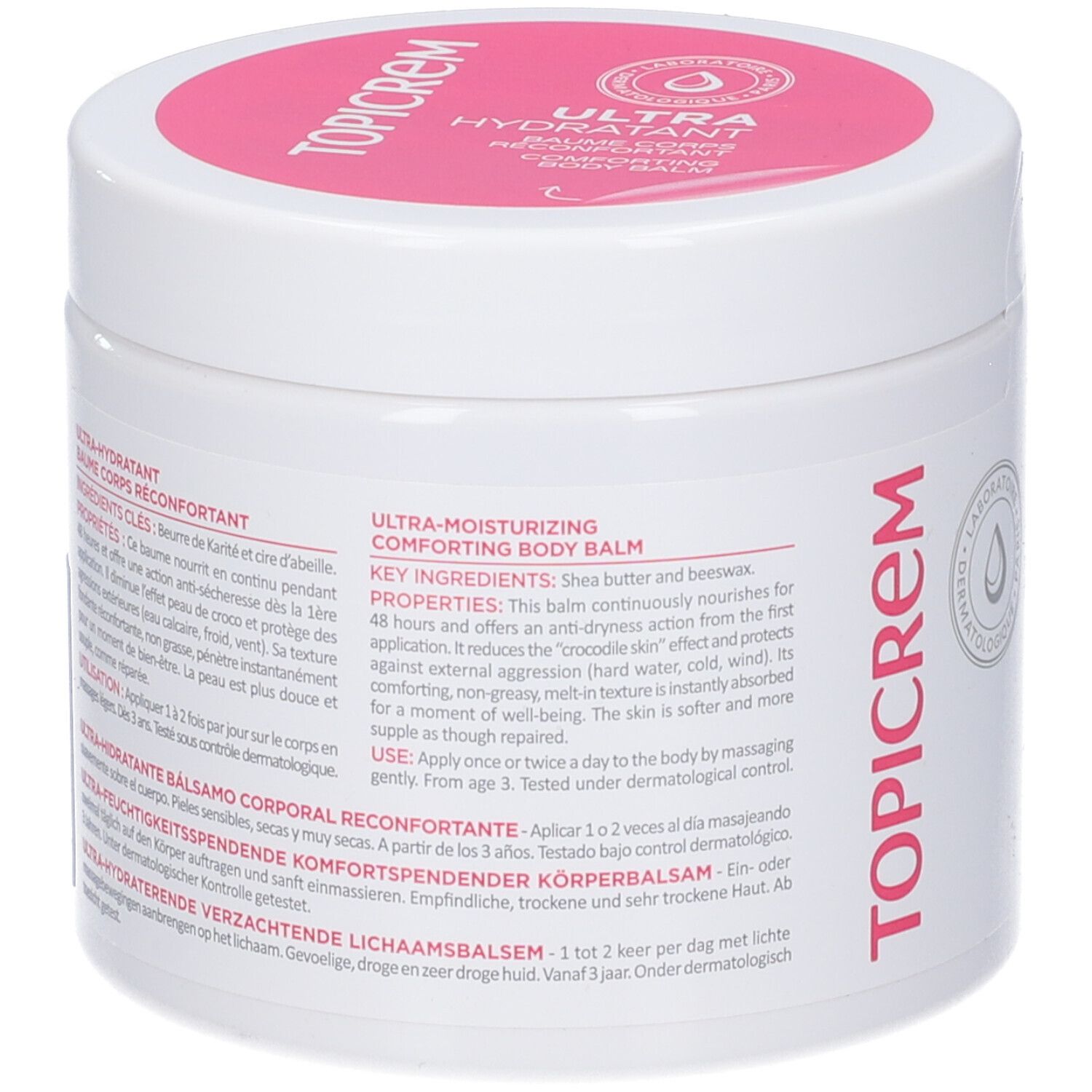 Vaso bianco con coperchio rosa. Scritta TOPICREM. Testo: Ultra-Idratante Balsamo Corpo Riconfortante. Ingredienti.