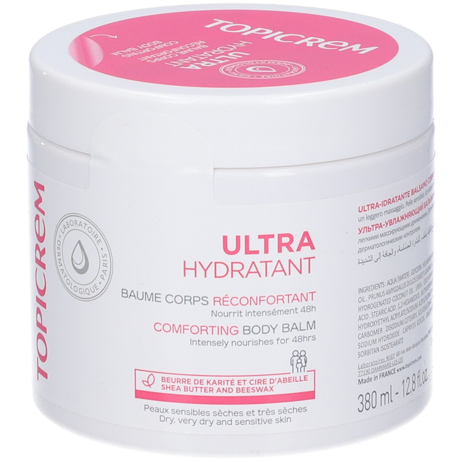 Vaso bianco con coperchio rosa. Scritta TOPICREM e ULTRA HYDRATANT. Testo: Baume Corps Riconfortant. 380 ml.
