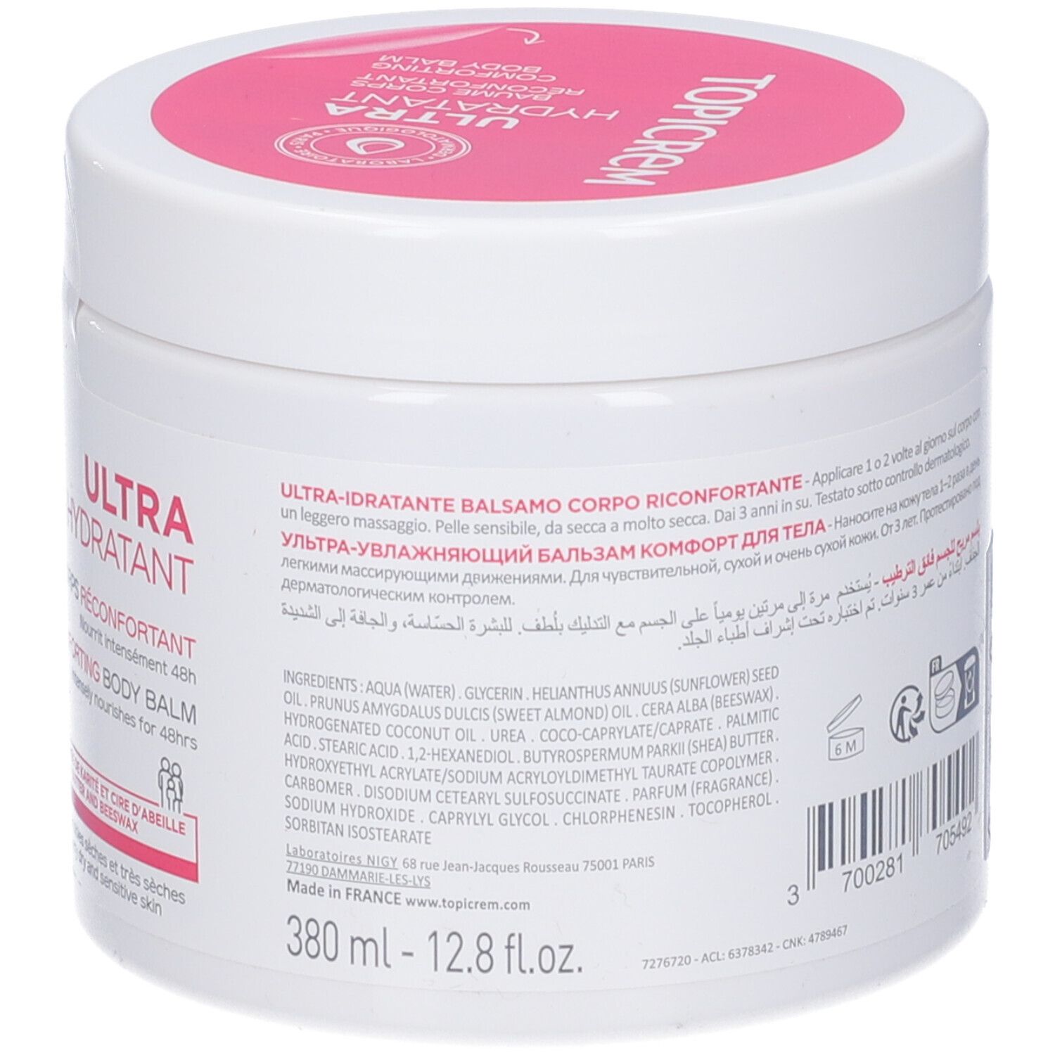 Vaso bianco con coperchio rosa. Scritta TOPICREM. Testo: Ultra-Idratante Balsamo Corpo Riconfortante. Ingredienti. 380 ml.