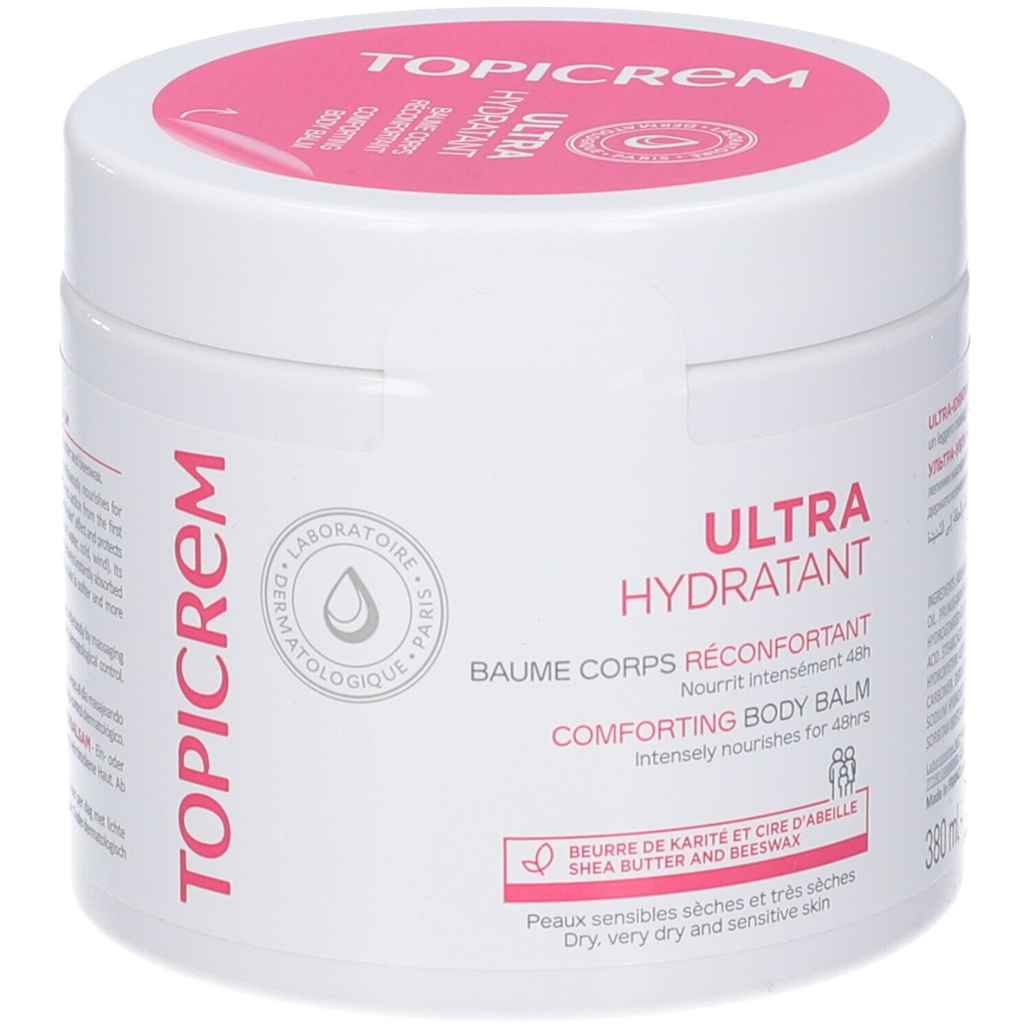 Vaso bianco con coperchio rosa. Scritta TOPICREM e ULTRA HYDRATANT. Testo: Baume Corps Riconfortant. 380 ml.