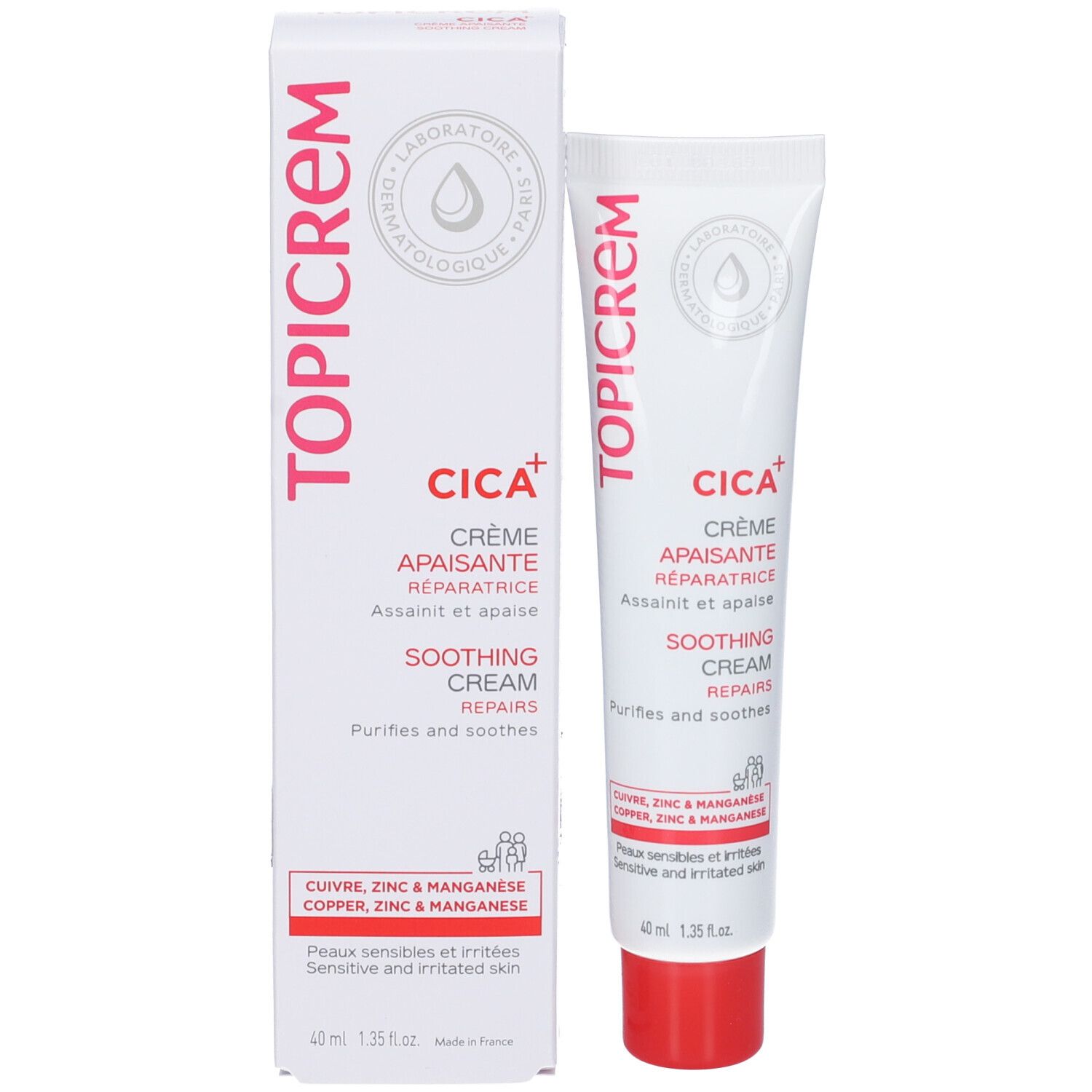 Confezione del prodotto. Tubo e scatola. Scritta TOPICREM, CICA+, Crème Apaisante, Soothing Cream. 40 ml.