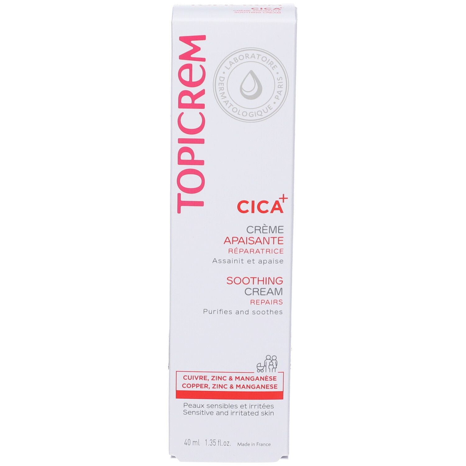 Scatola bianca. Scritta TOPICREM, CICA+, Crème Apaisante, Soothing Cream. 40 ml.