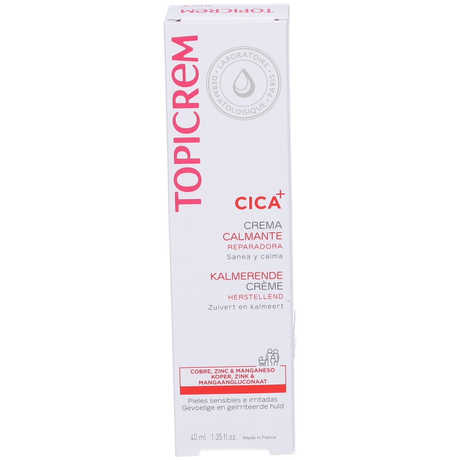 Scatola. Scritta TOPICREM, CICA+, Crème Calmante, Kalmerende Crème. 40 ml.