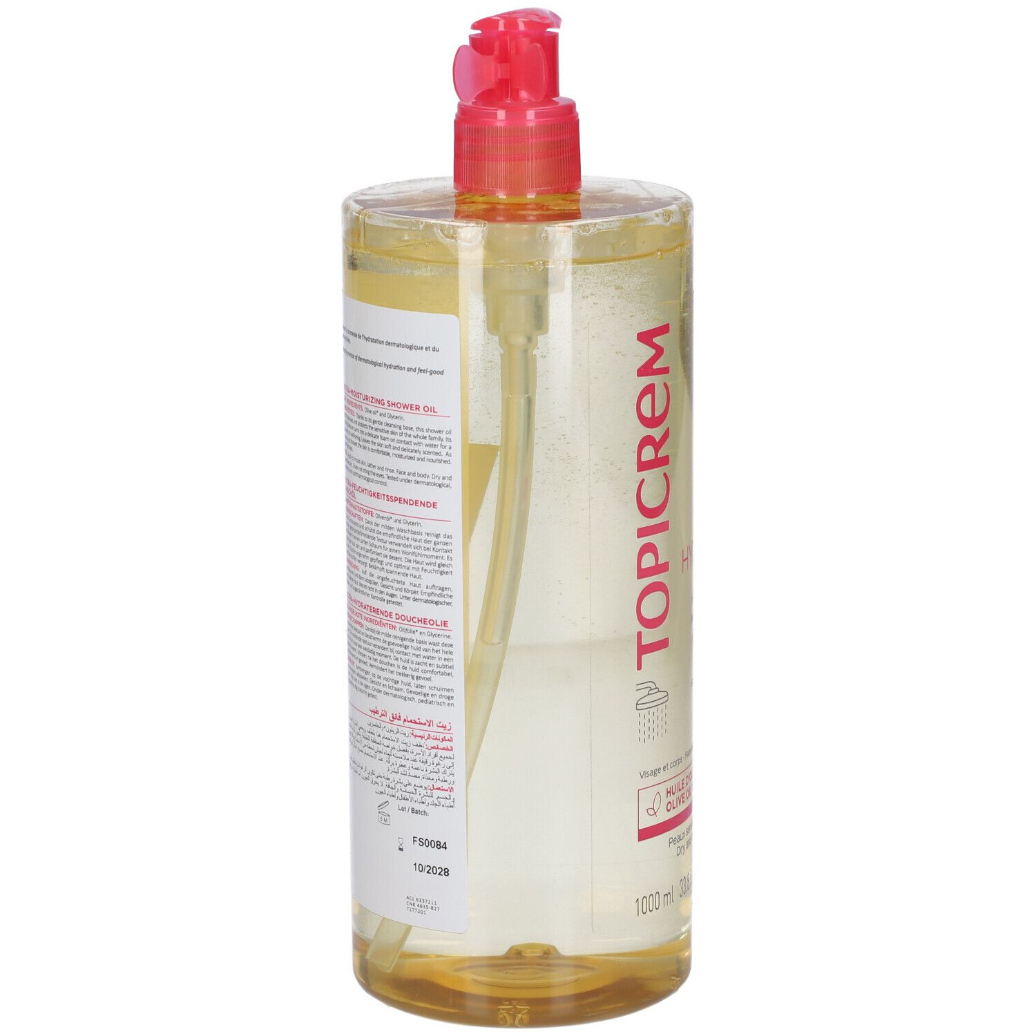 Flacone trasparente con pompa rosa. Scritta TOPICREM. Retro con testo multilingue. Contiene olio d'oliva e glicerina.